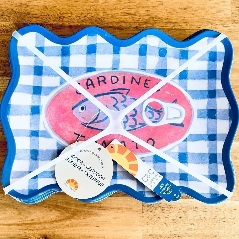 NWT C&C California Set of 4 Sardines Square Melamine Appetizer 9” plates Trays